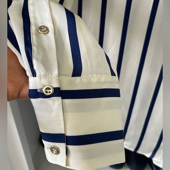 NWT Satin Effect Shirt ~ Navy Blue and Ivory Striped - Picture 12 of 14
